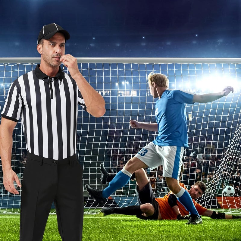 ComfyKit Men's Referee Costume Kit,Referee Shirt Stripe Umpire Jersey,Hat,Stainless Steel Whistle with Lanyard,Penalty Flag for Football Soccer Sports and Halloween Cosplay Outfits - Image 5